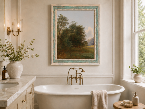 Hand-painted deer by a quiet forest pond landscape oil painting displayed in a bathroom interior above a bathtub.