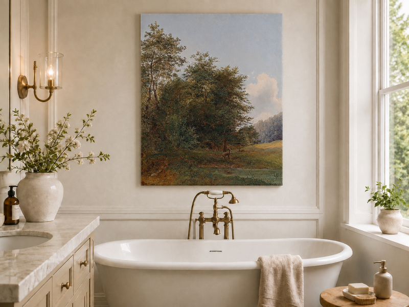 Hand-painted deer by a quiet forest pond landscape oil painting displayed in a bathroom interior above a bathtub.