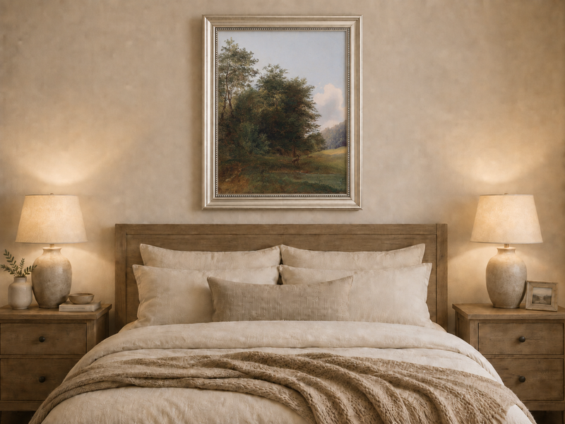 Hand-painted deer by a quiet forest pond landscape oil painting displayed above a bed in a bedroom interior.