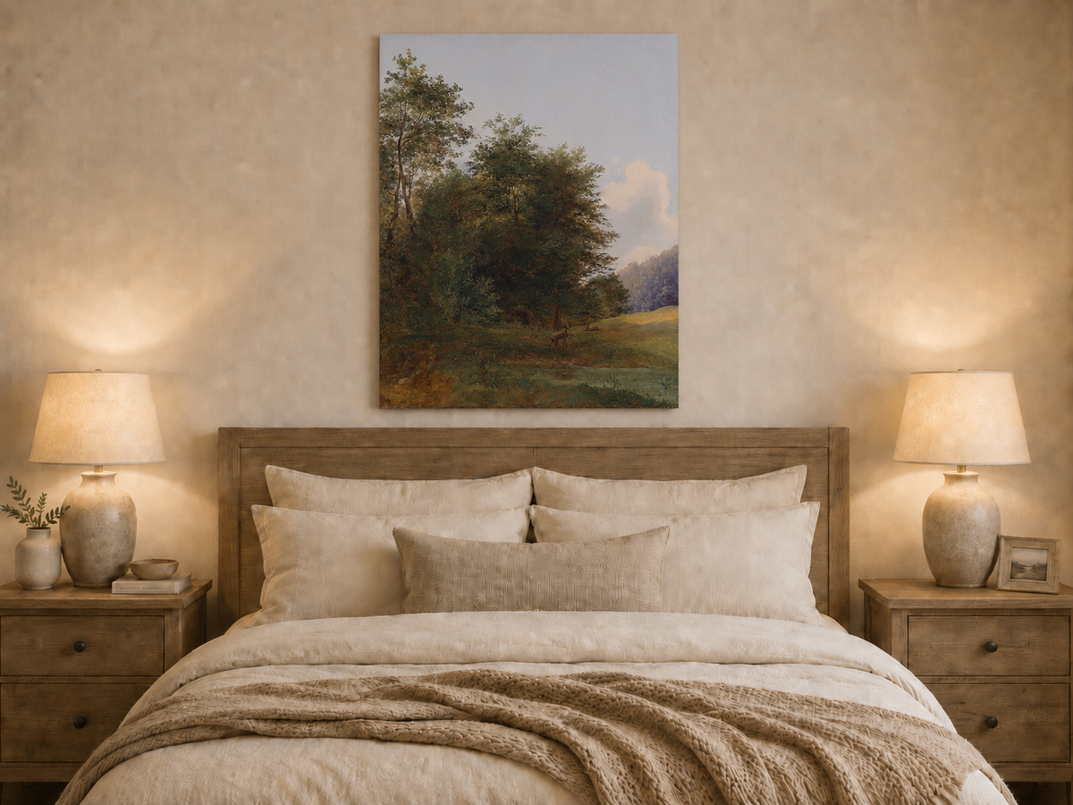 Hand-painted deer by a quiet forest pond landscape oil painting displayed above a bed in a bedroom interior.