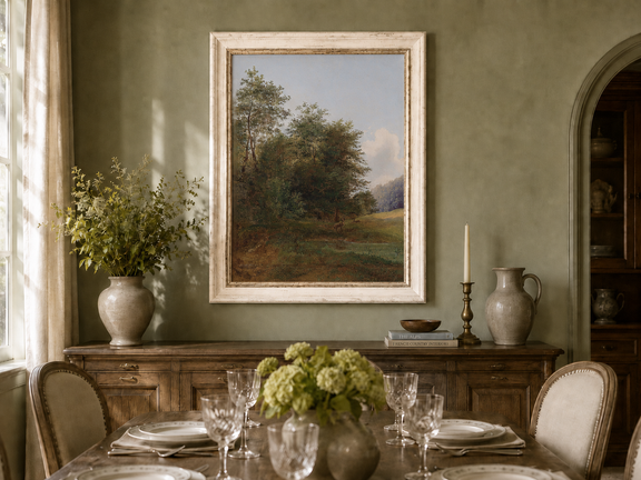 Hand-painted deer by a quiet forest pond landscape oil painting displayed in a dining room interior.