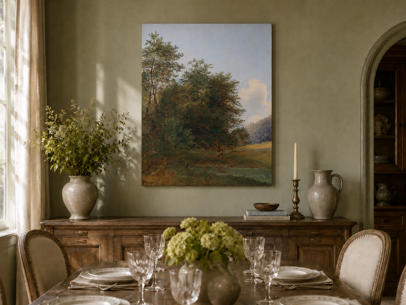 Hand-painted deer by a quiet forest pond landscape oil painting displayed in a dining room interior.