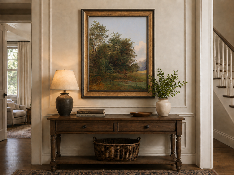 Hand-painted deer by a quiet forest pond landscape oil painting displayed above a console table in a hallway interior.