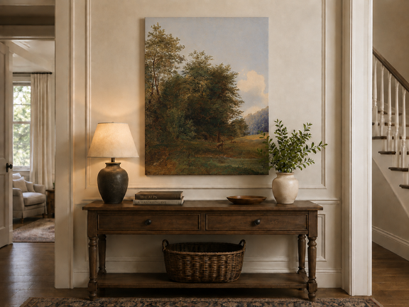 Hand-painted deer by a quiet forest pond landscape oil painting displayed above a console table in a hallway interior.