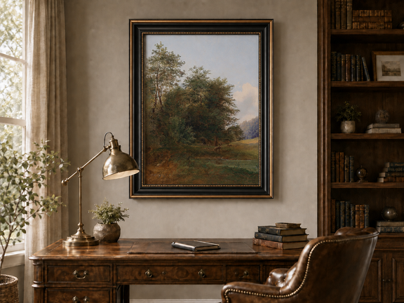 Hand-painted deer by a quiet forest pond landscape oil painting displayed above a desk in a home office interior.