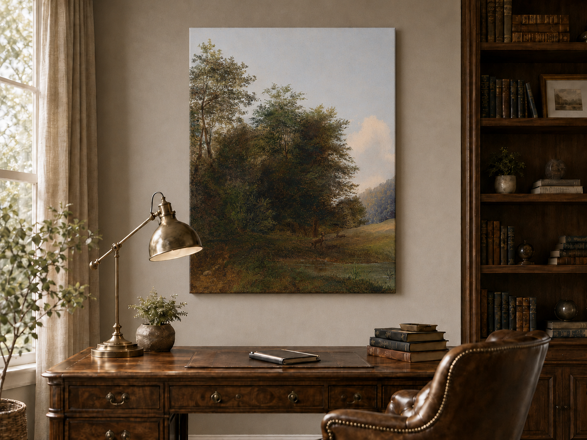 Hand-painted deer by a quiet forest pond landscape oil painting displayed above a desk in a home office interior.