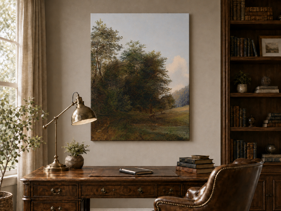 Hand-painted deer by a quiet forest pond landscape oil painting displayed above a desk in a home office interior.