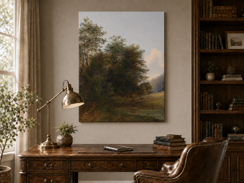 Hand-painted deer by a quiet forest pond landscape oil painting displayed above a desk in a home office interior.