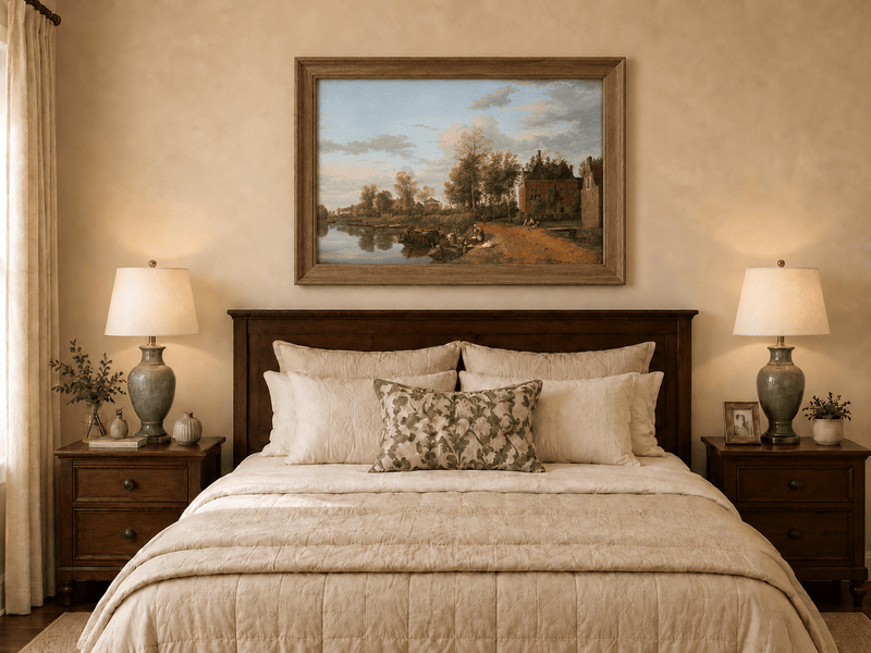Landscape Oil Painting - Delft Canal Country House with Boats