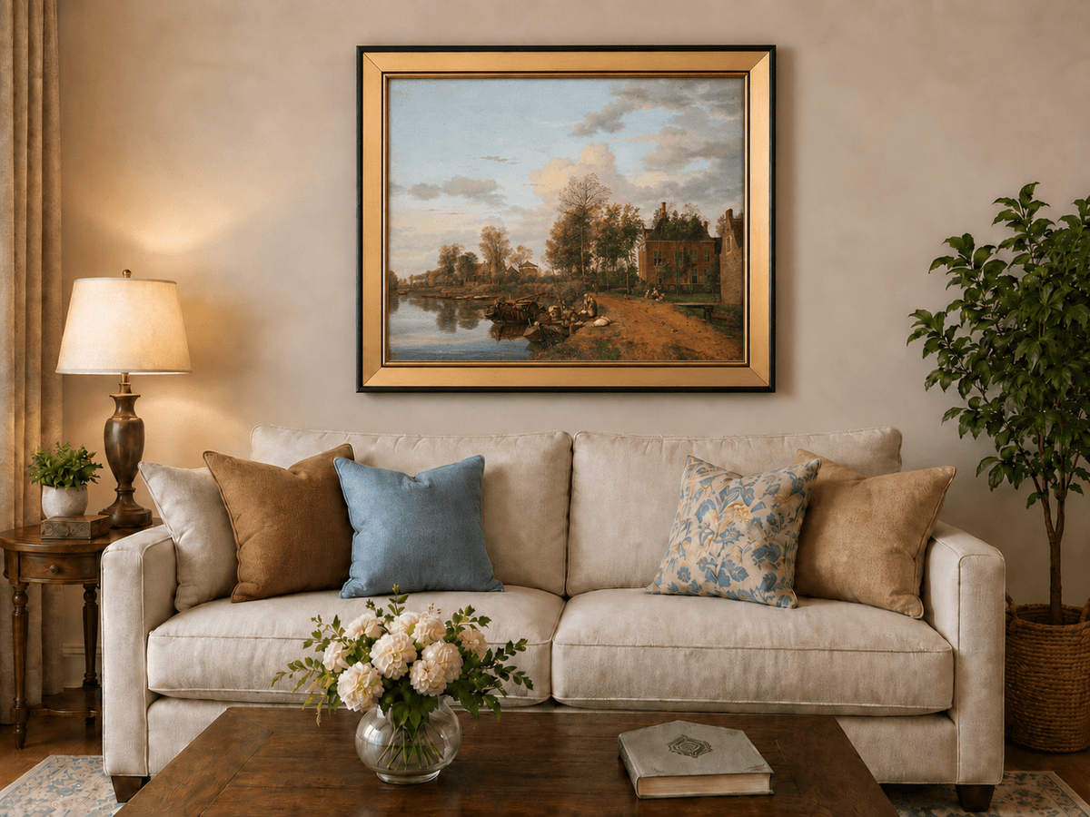 Landscape Oil Painting - Delft Canal Country House with Boats