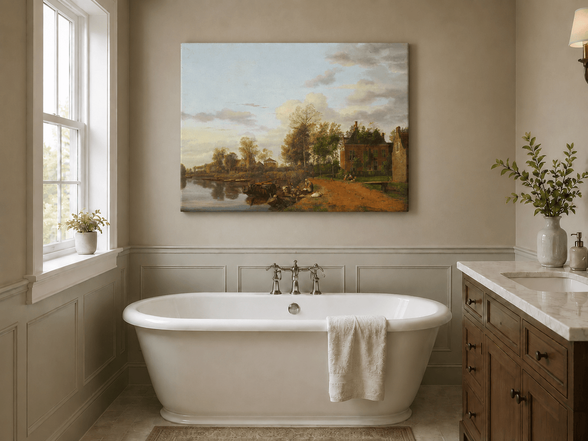 Landscape Oil Painting - Delft Canal Country House with Boats