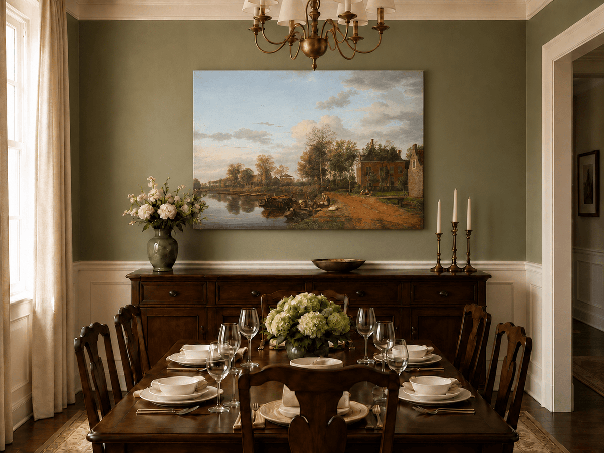 Landscape Oil Painting - Delft Canal Country House with Boats