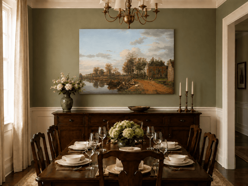 Landscape Oil Painting - Delft Canal Country House with Boats