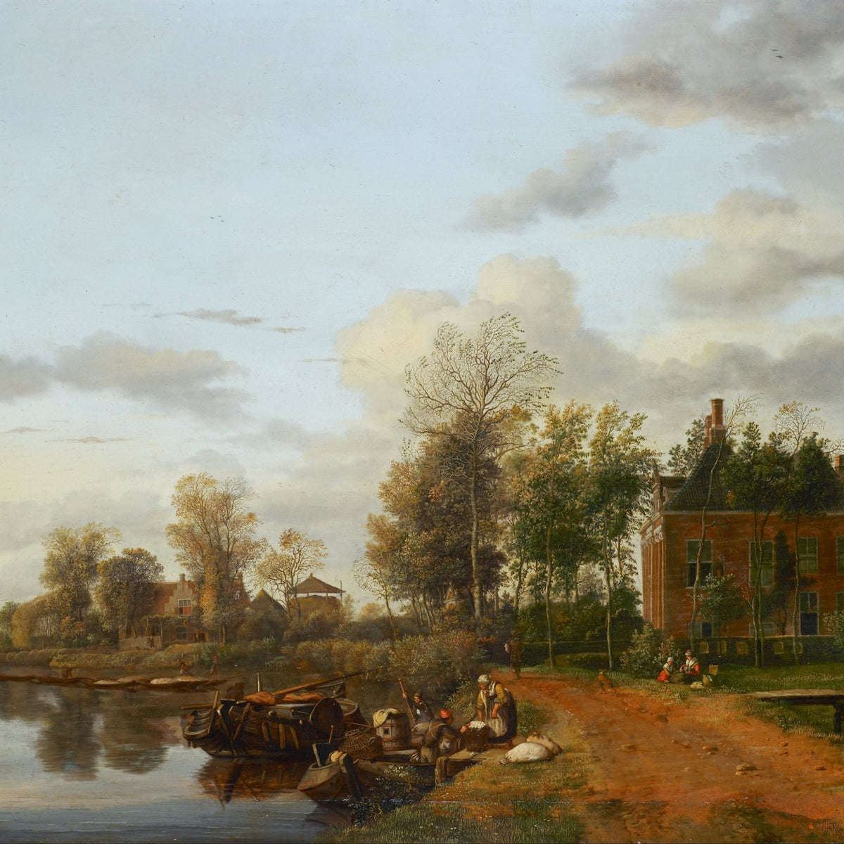 Hand-painted delft canal country house with boats landscape oil painting on canvas