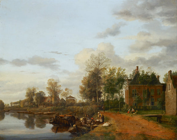 Hand-painted delft canal country house with boats landscape oil painting on canvas