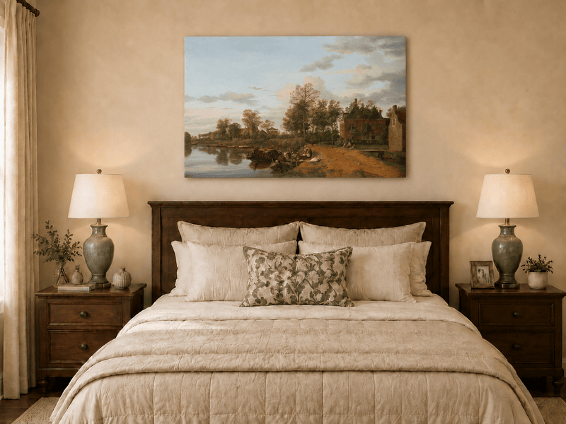 Landscape Oil Painting - Delft Canal Country House with Boats