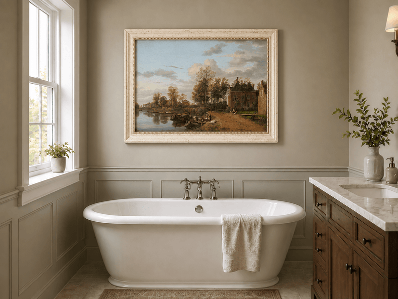 Landscape Oil Painting - Delft Canal Country House with Boats