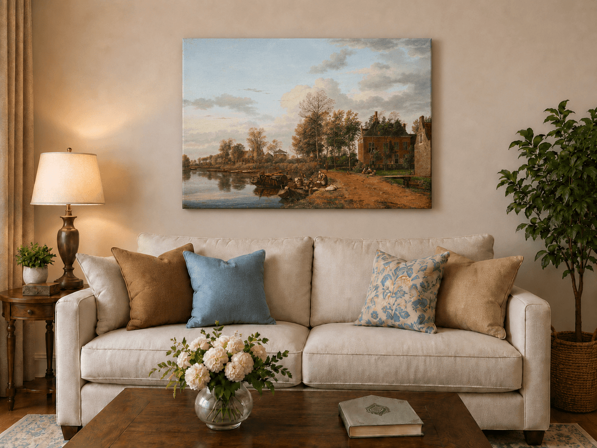 Landscape Oil Painting - Delft Canal Country House with Boats