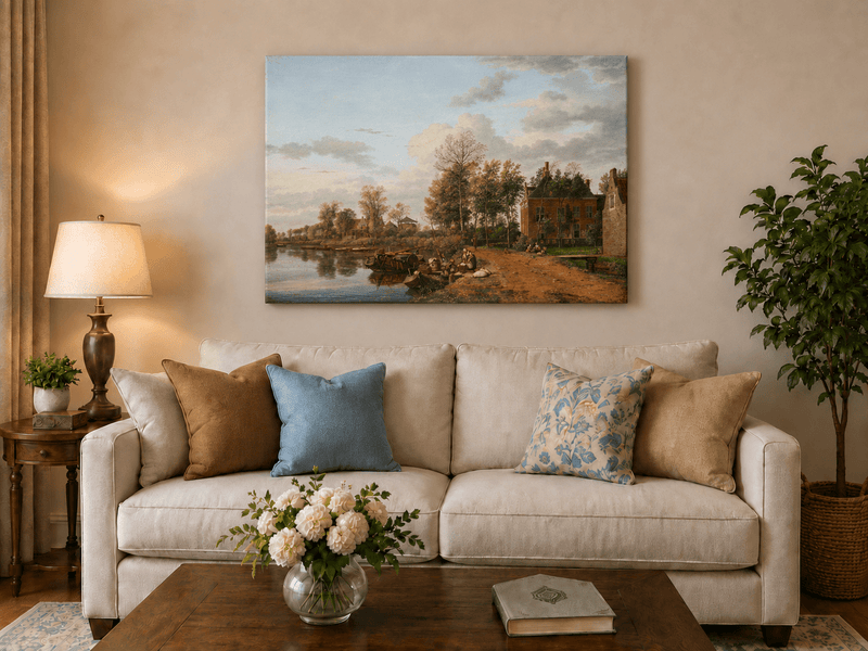 Landscape Oil Painting - Delft Canal Country House with Boats