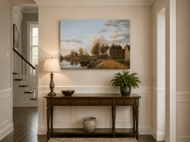 Landscape Oil Painting - Delft Canal Country House with Boats