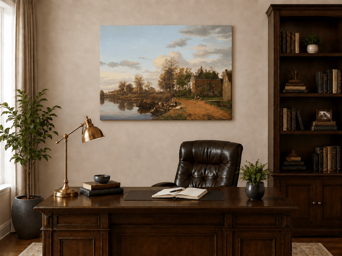 Landscape Oil Painting - Delft Canal Country House with Boats