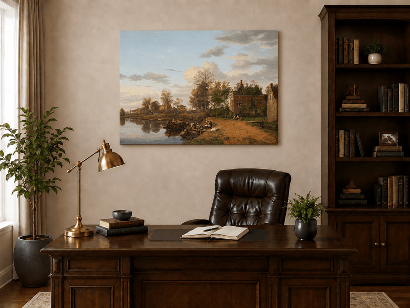 Landscape Oil Painting - Delft Canal Country House with Boats