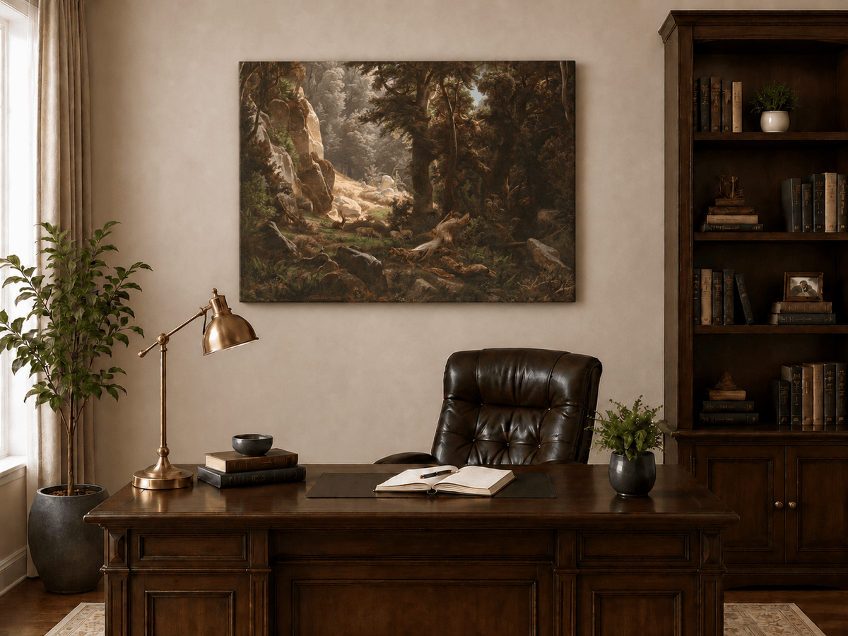 Landscape Oil Painting - Dense Forest & Deer Herd