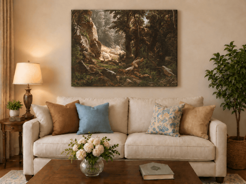 Landscape Oil Painting - Dense Forest & Deer Herd