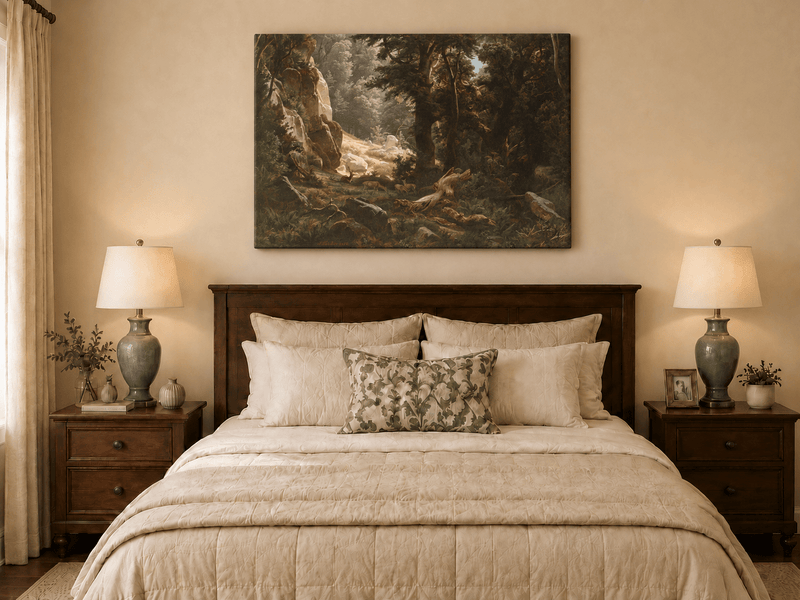 Landscape Oil Painting - Dense Forest & Deer Herd