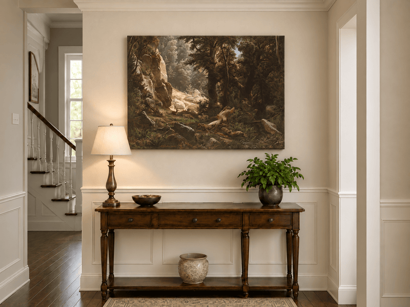 Landscape Oil Painting - Dense Forest & Deer Herd