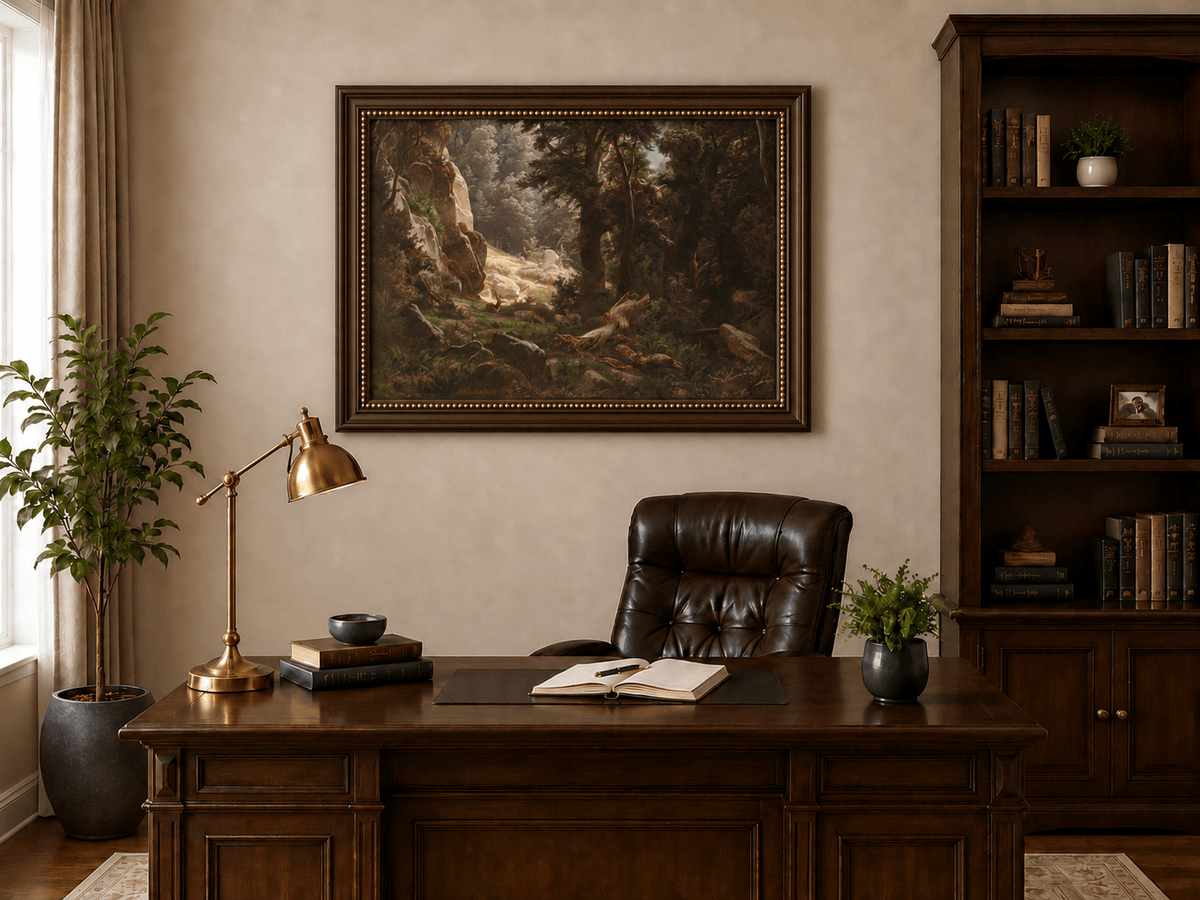 Landscape Oil Painting - Dense Forest & Deer Herd