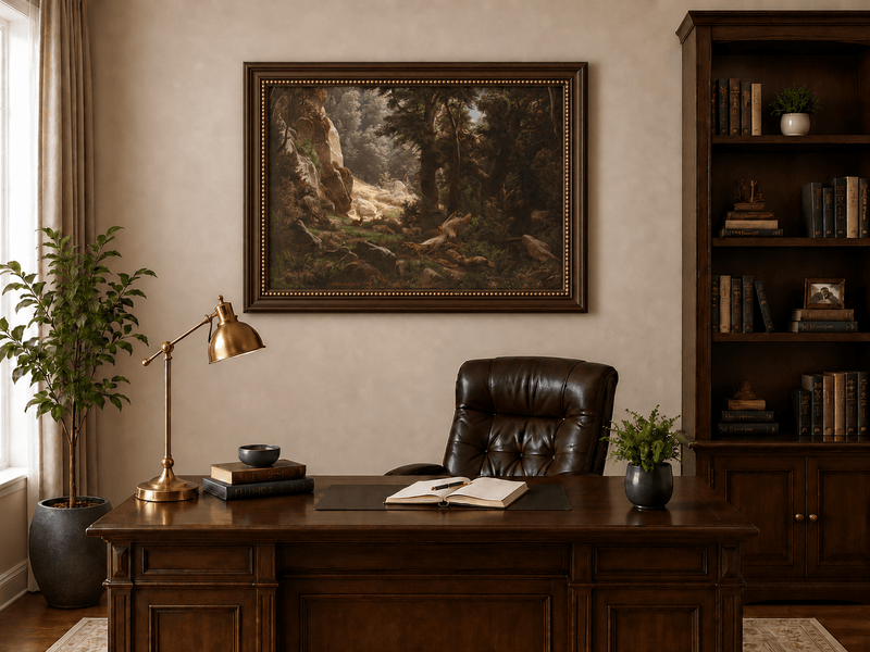Landscape Oil Painting - Dense Forest & Deer Herd
