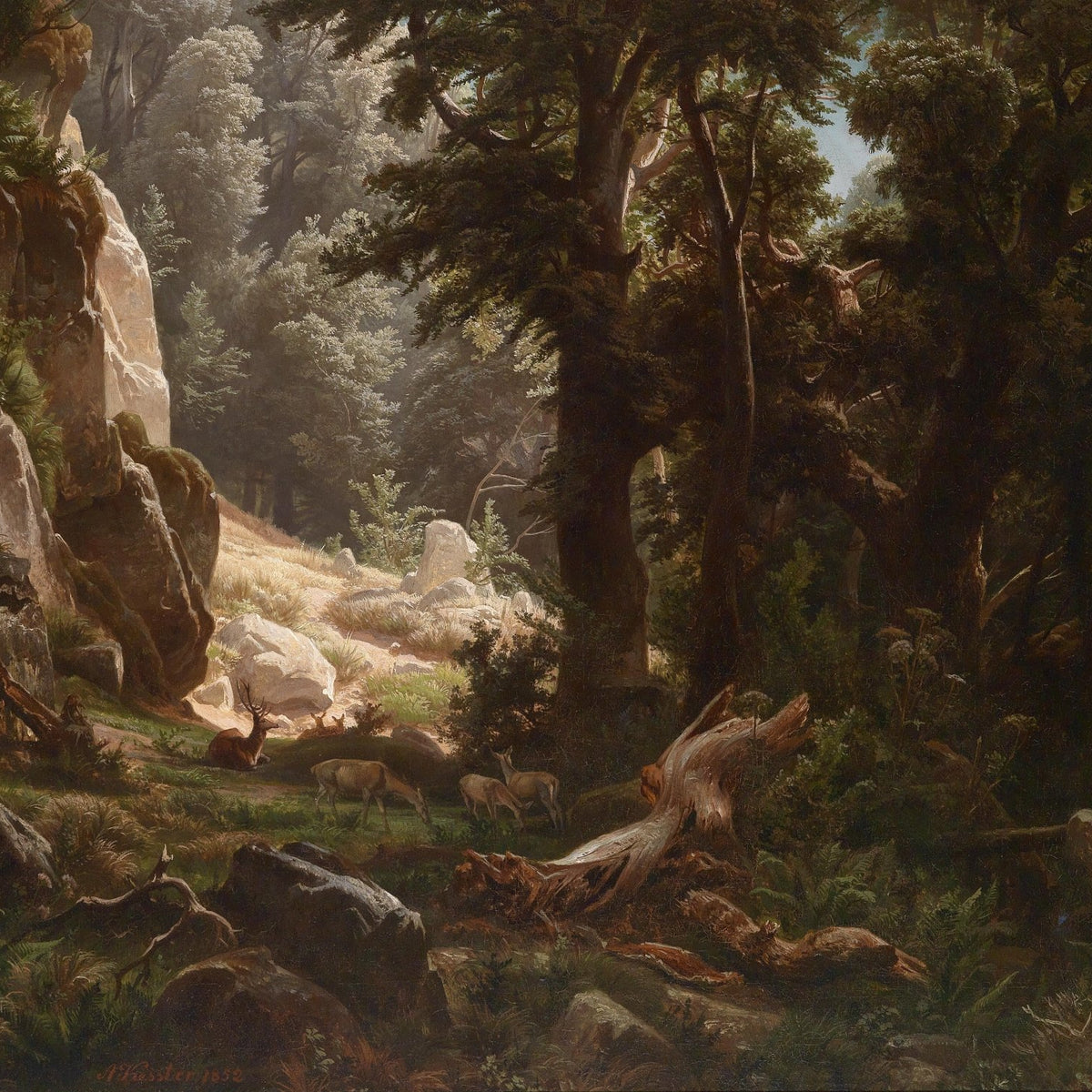 Landscape Oil Painting - Dense Forest & Deer Herd: Rocks, Sunlit Glade - Oil Painting Haven