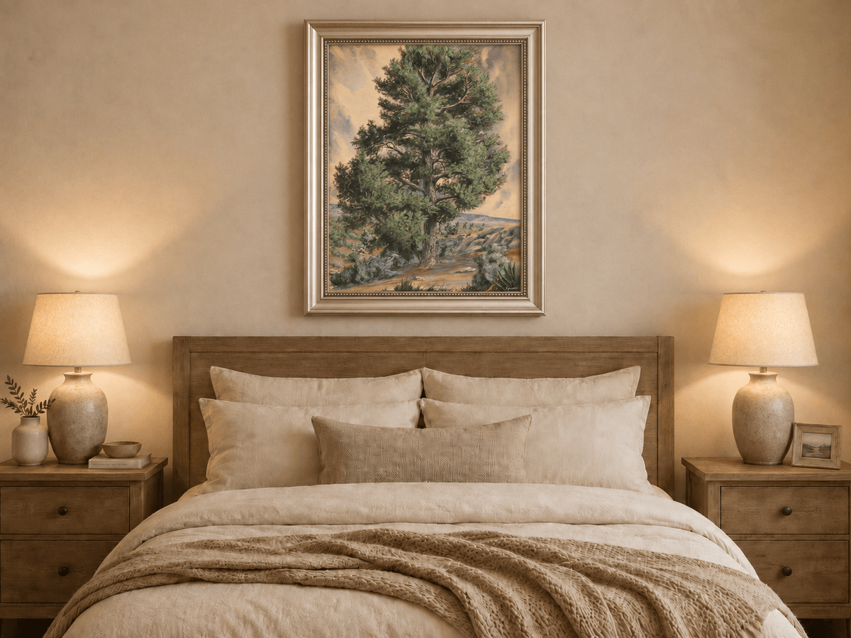 Landscape Oil Painting - Desert Pine Tree in Rocky Wilderness