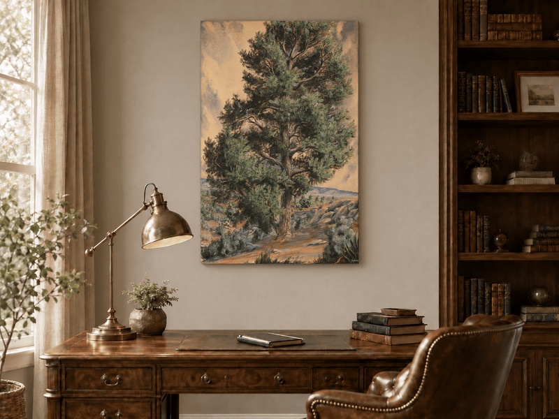 Landscape Oil Painting - Desert Pine Tree in Rocky Wilderness
