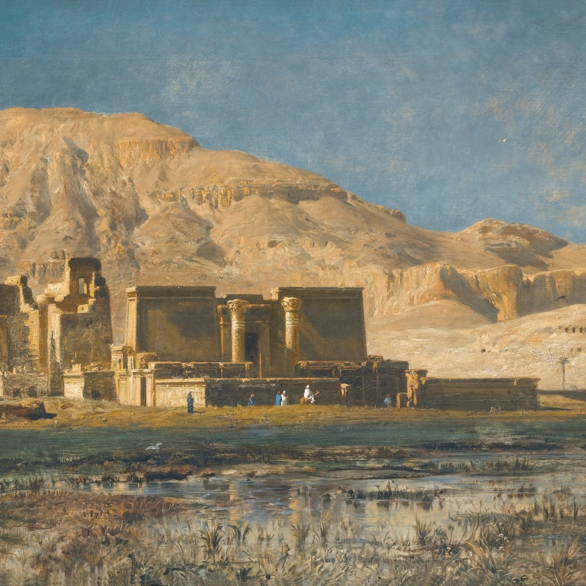 Hand-painted desert temple ruins and mountain view landscape oil painting on canvas