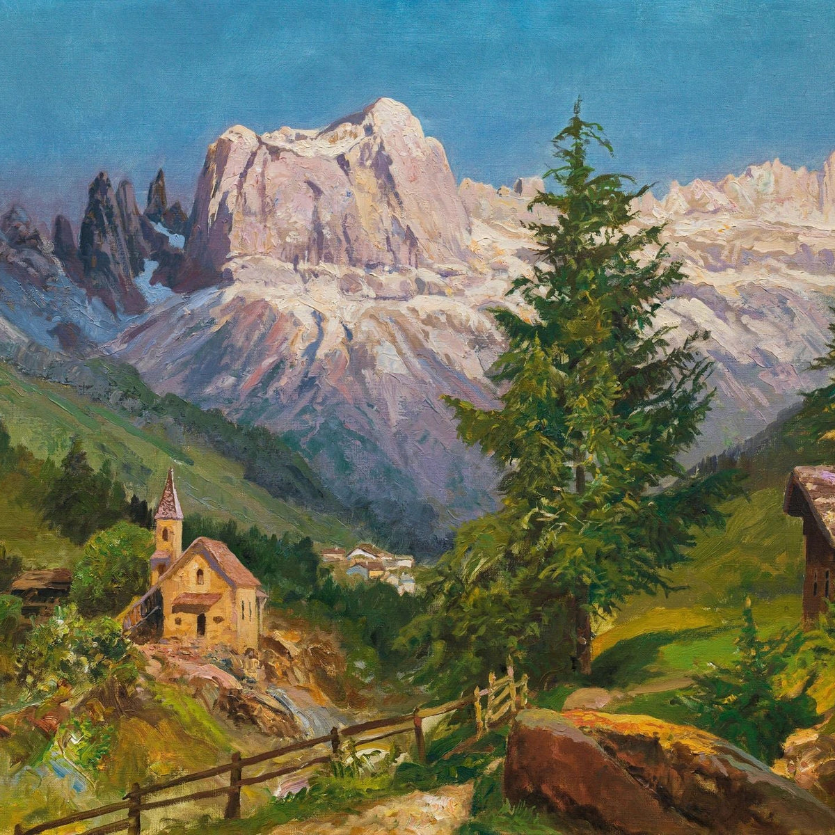 Hand-painted dolomite village and alpine peaks landscape oil painting on canvas