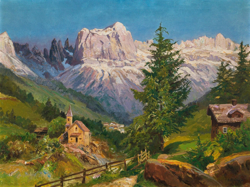 Hand-painted dolomite village and alpine peaks landscape oil painting on canvas