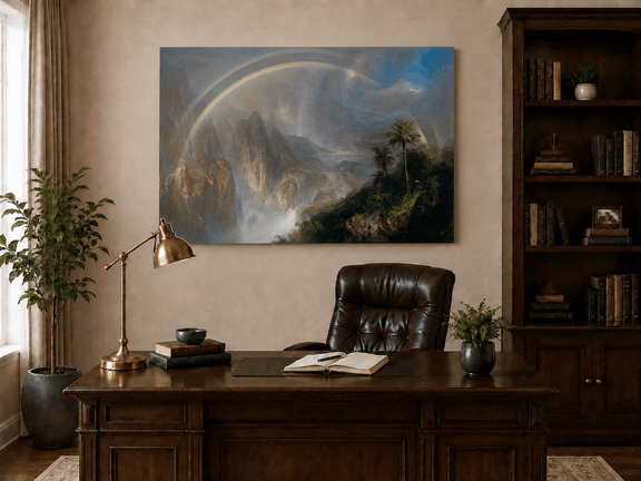 Interior wall art view featuring a double rainbow tropical valley and misty terrain oil painting.