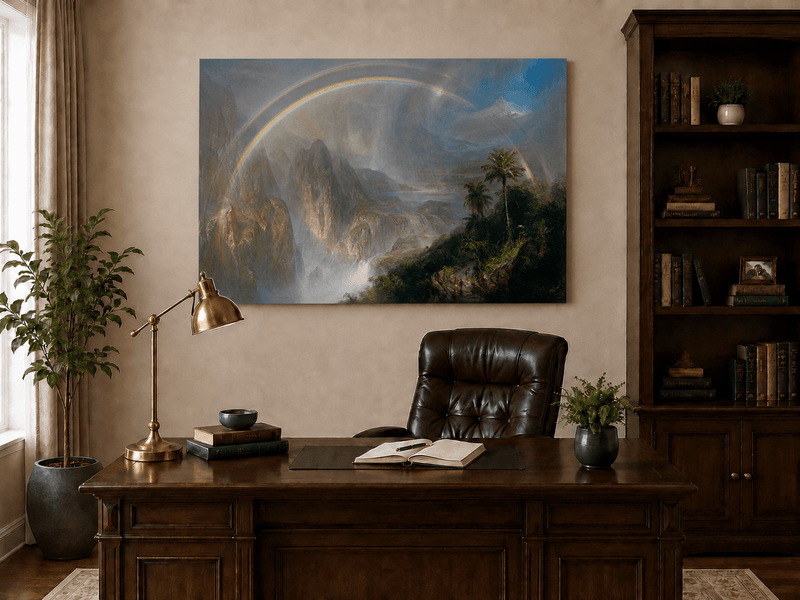 Interior wall art view featuring a double rainbow tropical valley and misty terrain oil painting.