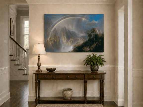 Misty tropical landscape painting shown as decorative oil wall art.
