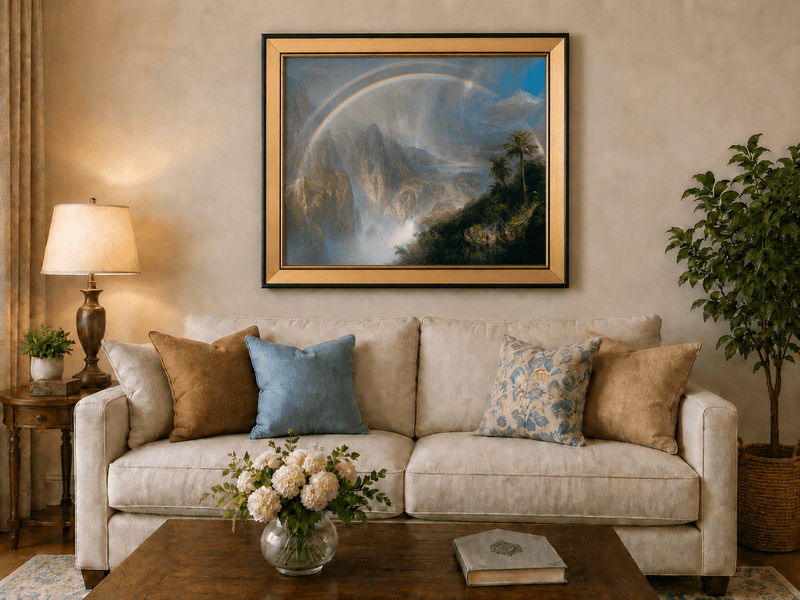 Double rainbow over a tropical valley and misty terrain landscape oil painting displayed in a styled home interior.
