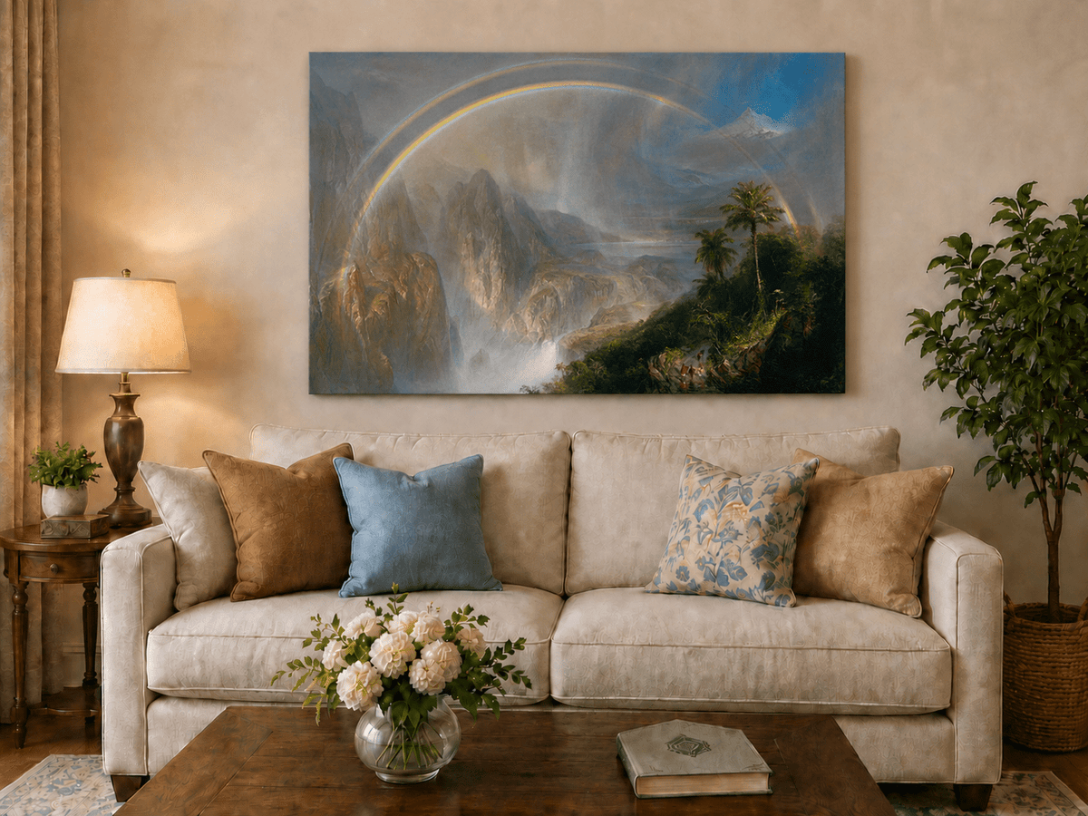 Double rainbow tropical valley hand-painted oil artwork displayed in a second interior view.