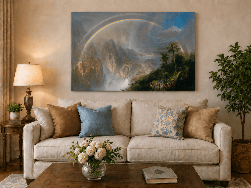 Double rainbow tropical valley hand-painted oil artwork displayed in a second interior view.