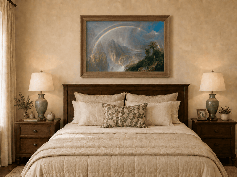 Hand-painted tropical valley with double rainbow displayed as decorative wall art.