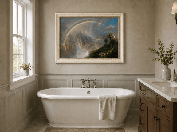 Tropical valley landscape oil painting presented as interior home decor.