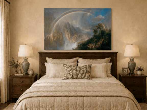 Double rainbow valley oil painting displayed as landscape wall decor.