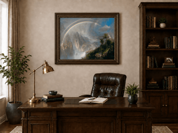 Double rainbow across a misty tropical valley landscape oil painting presented in an interior wall art mockup.