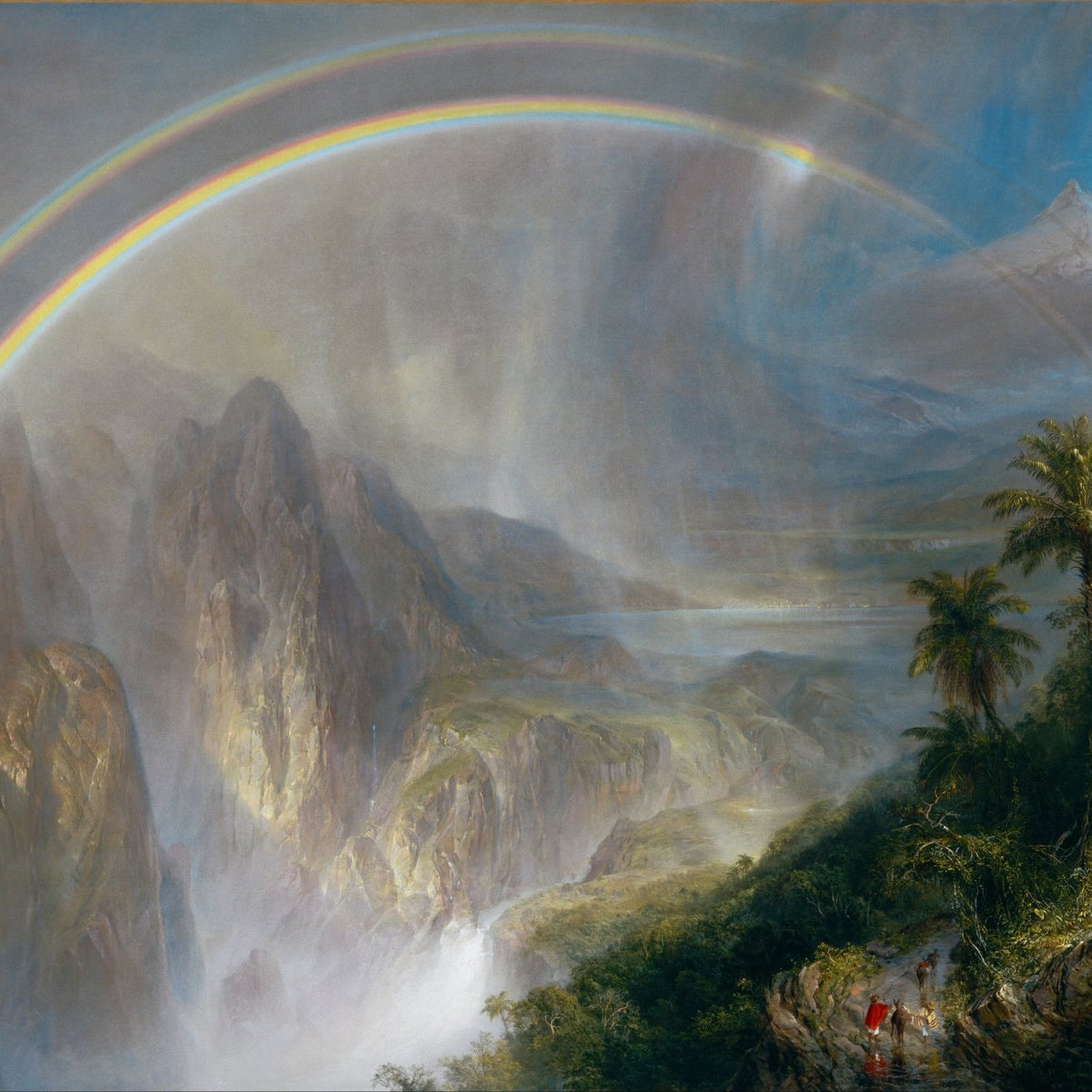 Landscape Oil Painting - Double rainbow tropical valley & misty terrain - Oil Painting Haven