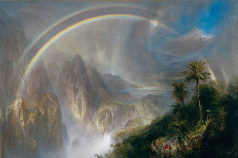 Landscape Oil Painting - Double rainbow tropical valley & misty terrain - Oil Painting Haven